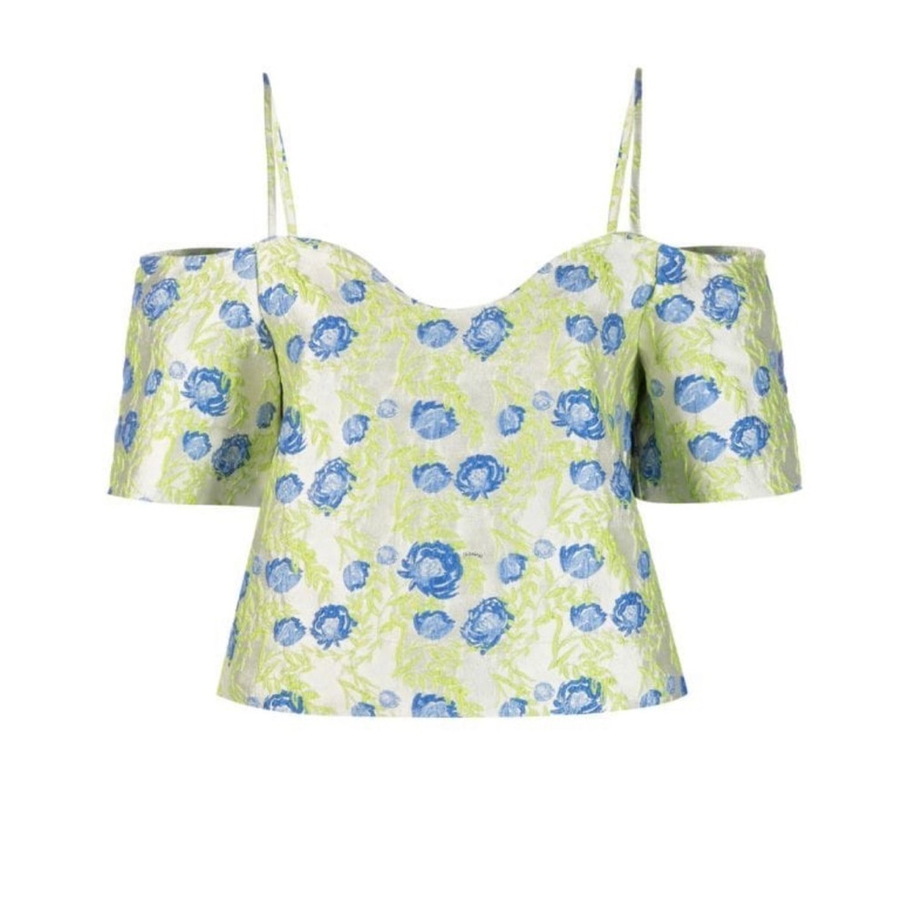 Ganni Lime Green and Blue Floral Cold-Shoulder Top